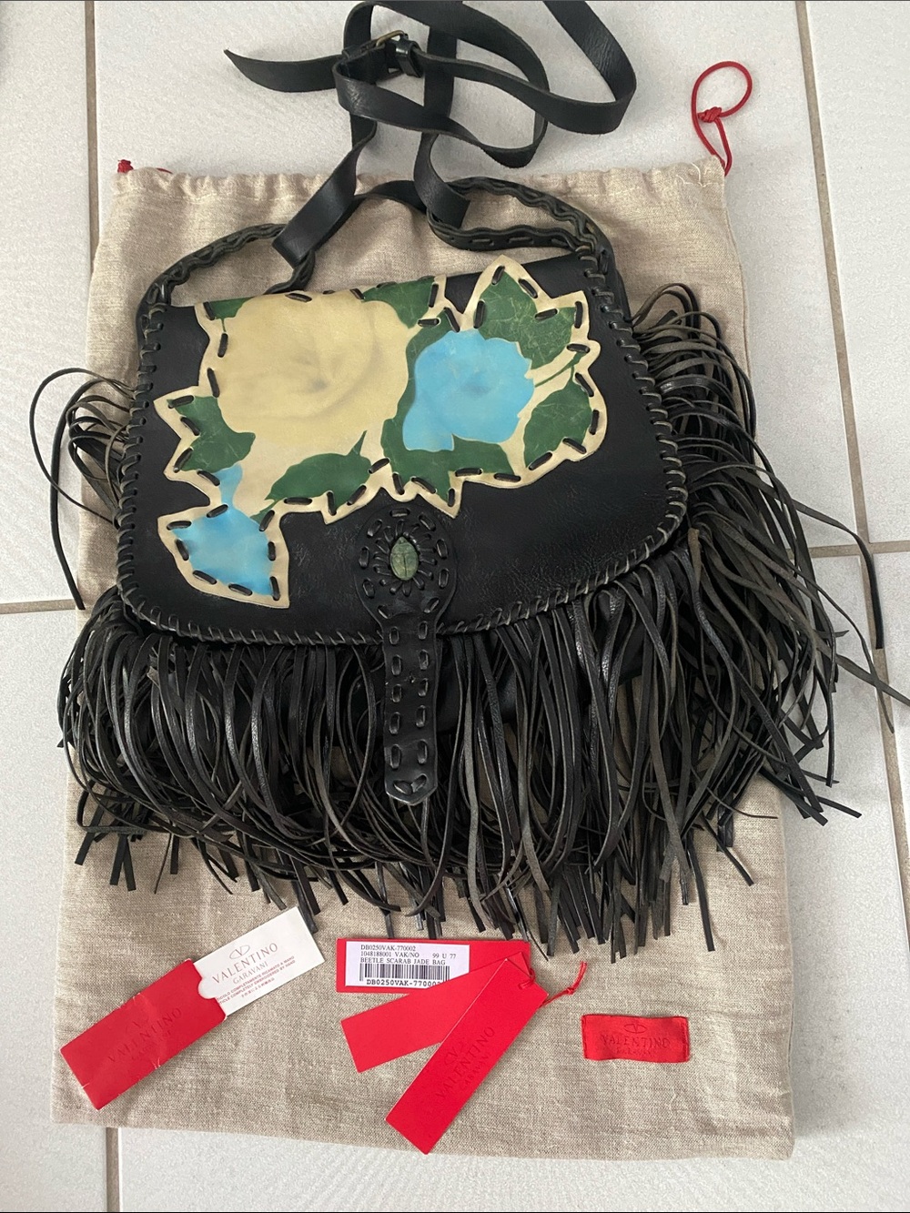 Vintage VALENTINO Beetle jade black leather scarab fringed shoulder bag